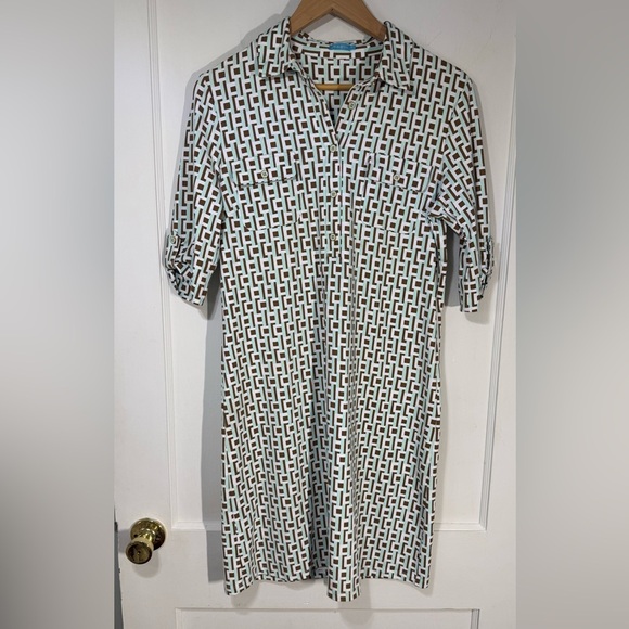 J.McLaughlin Catalina Cloth Geometric Shirt Dress Brown Mint - Picture 1 of 5